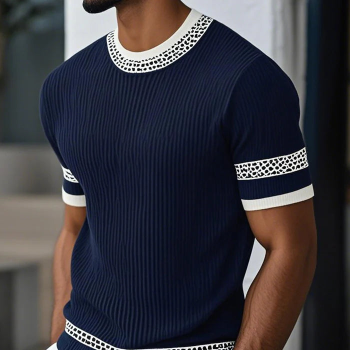 Men's Contrast Web Round Neck Knitted Short Sleeve T-Shirt