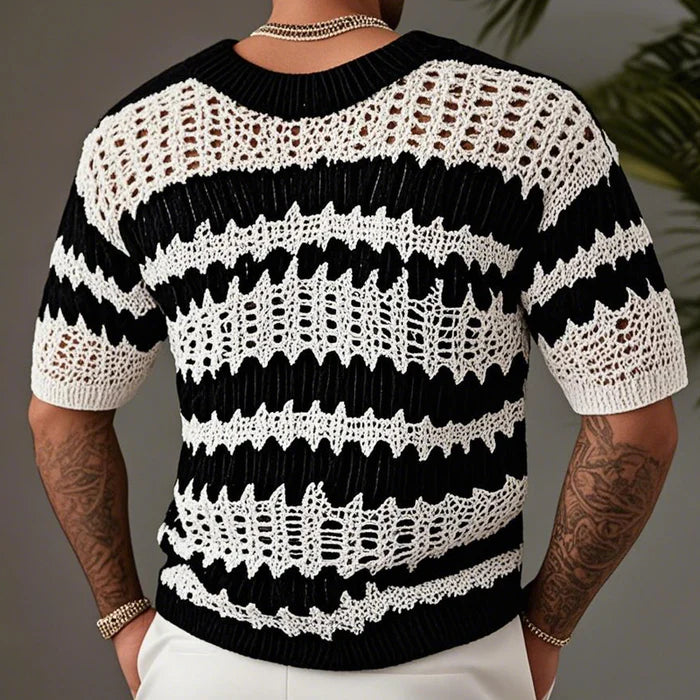 MEN'S KNITTED CONTRAST COLOR V-NECK SHORT-SLEEVED SWEATER T-SHIRT