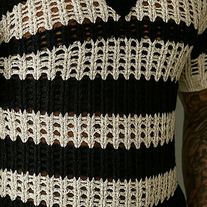 MEN'S KNITTED CONTRAST COLOR V-NECK SHORT-SLEEVED SWEATER T-SHIRT