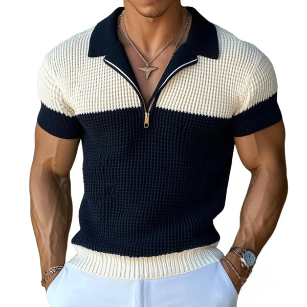 Men's  Zipper Lapel Slim Fit Knitted Short Sleeve Polo Shirt