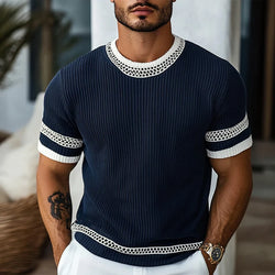 Men's Contrast Web Round Neck Knitted Short Sleeve T-Shirt