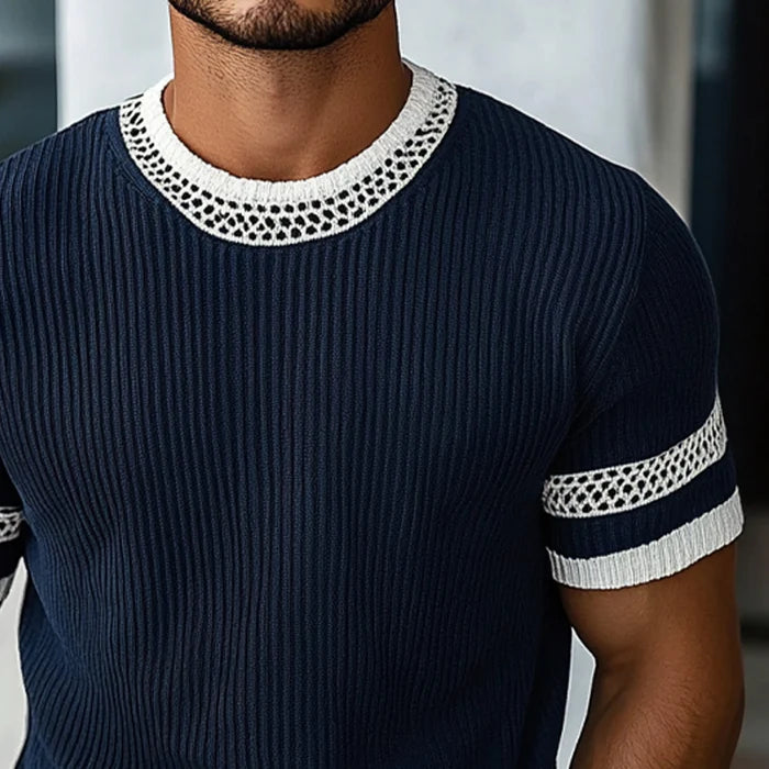 Men's Contrast Web Round Neck Knitted Short Sleeve T-Shirt
