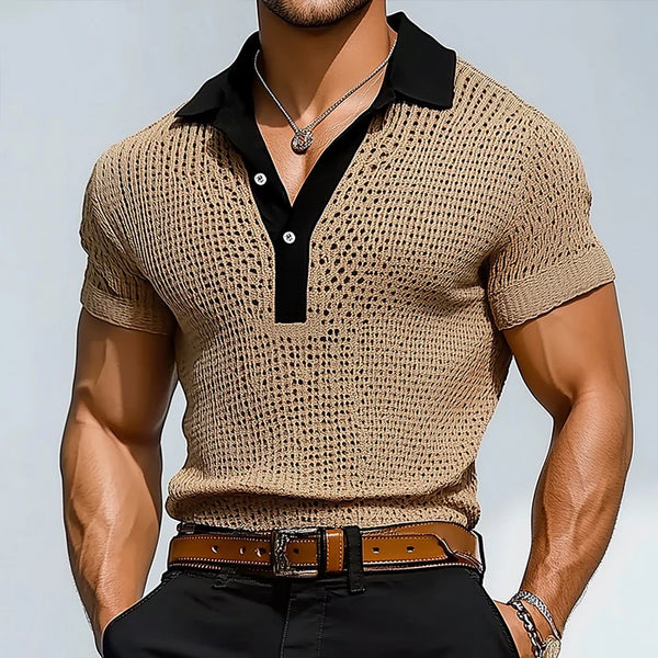 Men's Retro Hollow Knitted Patchwork Short-Sleeved Polo Shirt