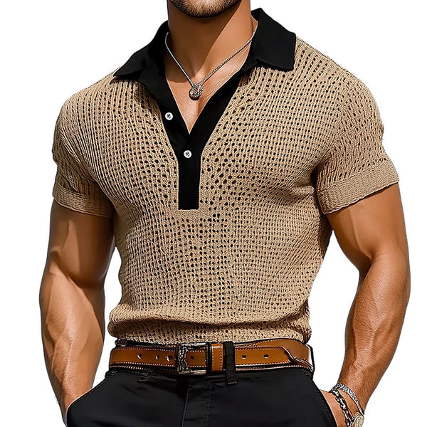 Men's Retro Hollow Knitted Patchwork Short-Sleeved Polo Shirt
