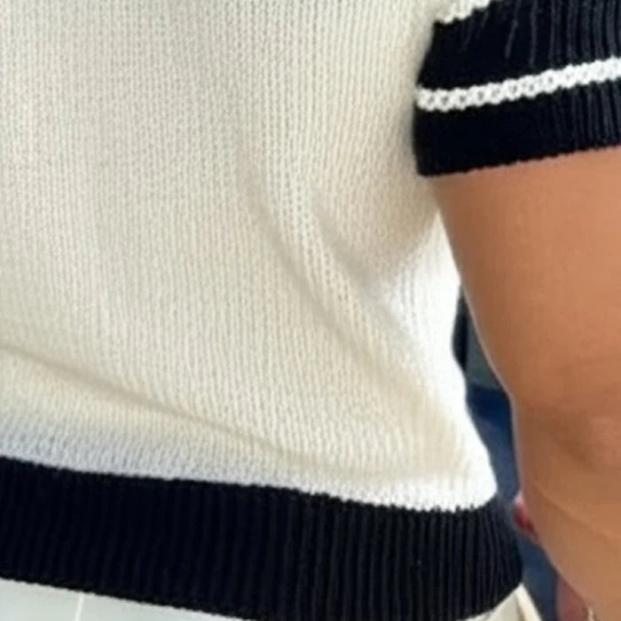 Men's Casual V-neck Striped Jacquard Slim Fit Knitted Short-sleeved Sweater T-Shirt