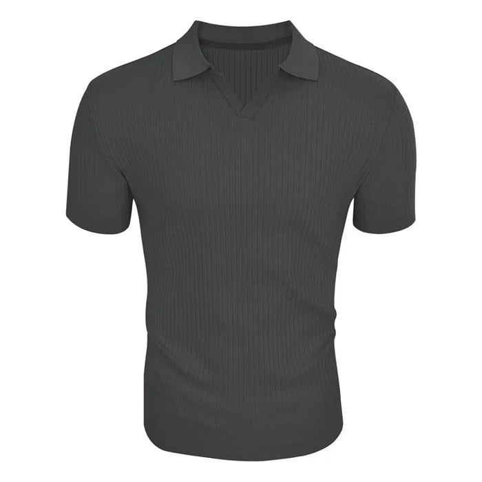Men's Solid Striped Lapel Short Sleeve Polo Shirt