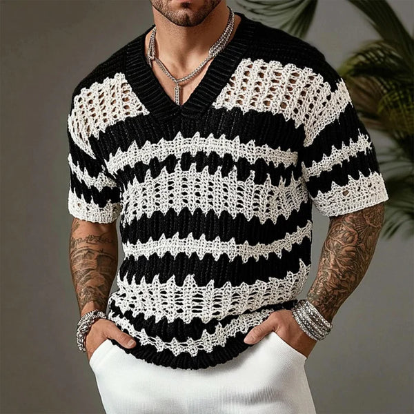 MEN'S KNITTED CONTRAST COLOR V-NECK SHORT-SLEEVED SWEATER T-SHIRT