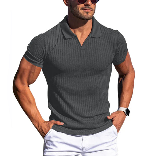 Men's Solid Striped Lapel Short Sleeve Polo Shirt